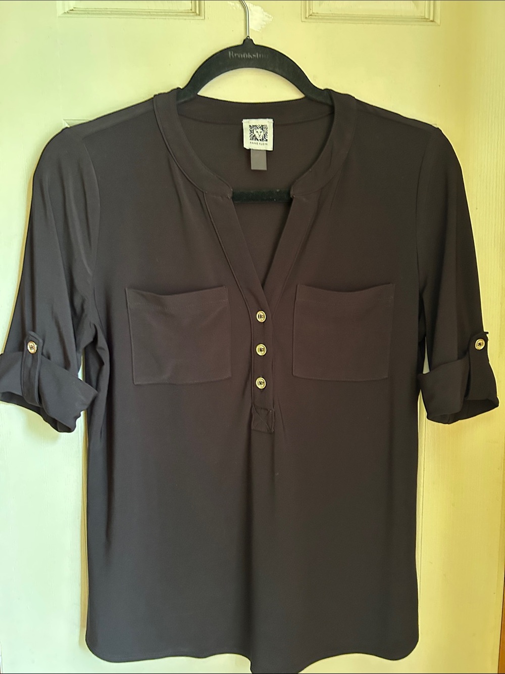 Anne Klein Dark Brown V-Neck Roll-Tab Sleeve Blouse with Front Pockets